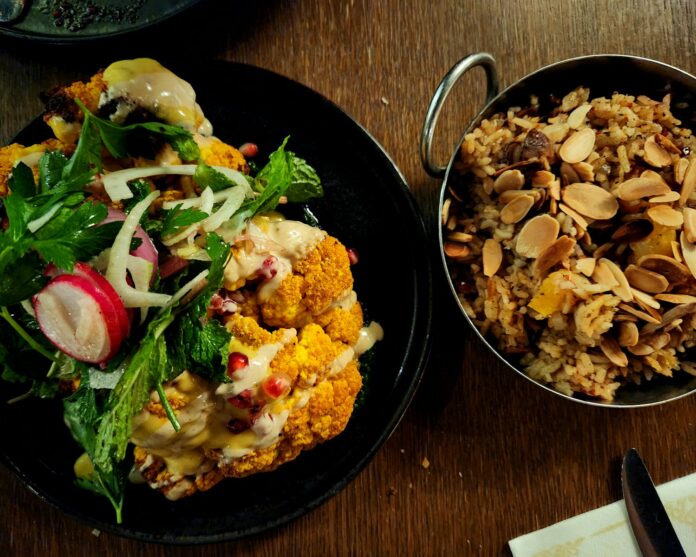 two plates of food on a wooden table